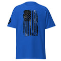 Blue t-shirt with black American flag graphic and 'WSH' text on a white background
