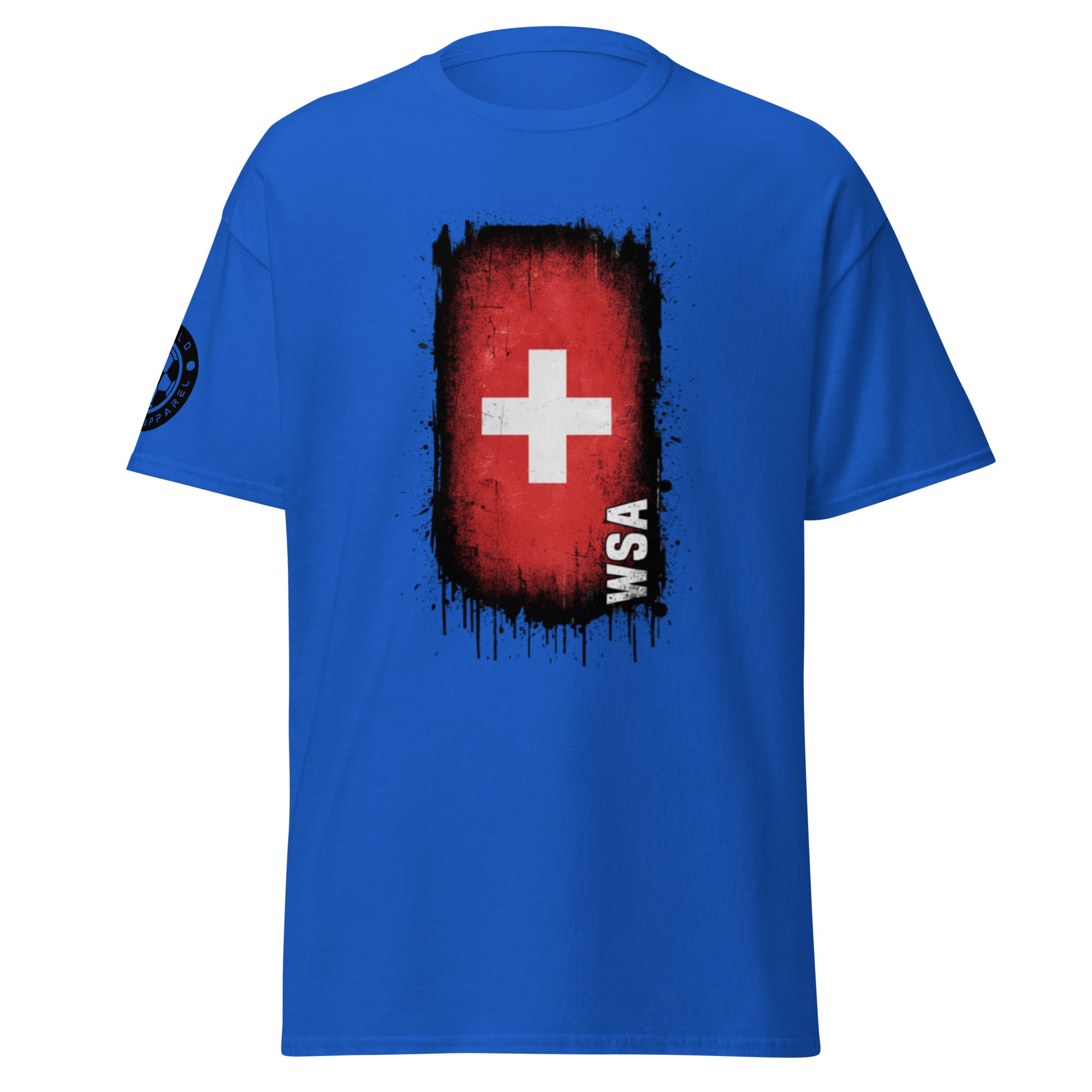 Blue t-shirt with a red and black design featuring a white cross and 'WSA' text on a white background.
