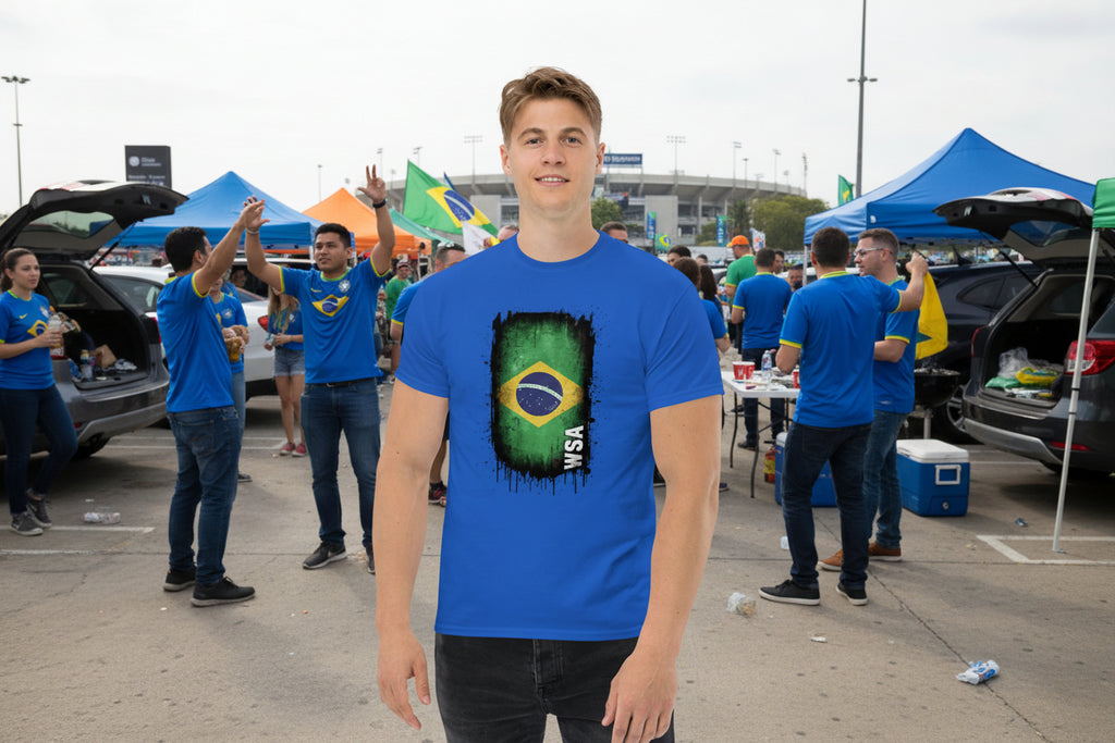 Person wearing a blue t-shirt with a Brazilian flag design on a white background