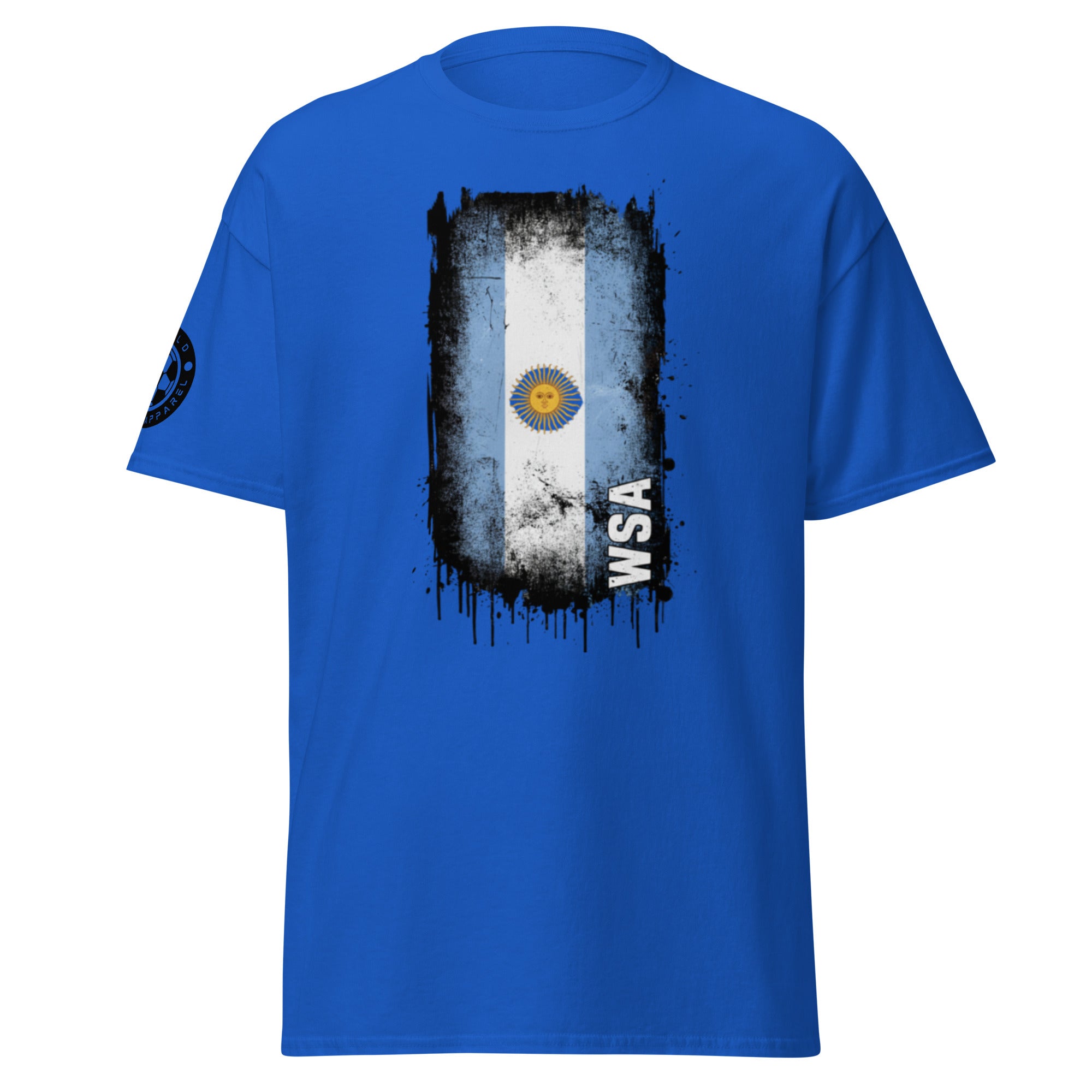 Blue t-shirt with a graphic design of an argentine flag and 'WSA' text on a white background
