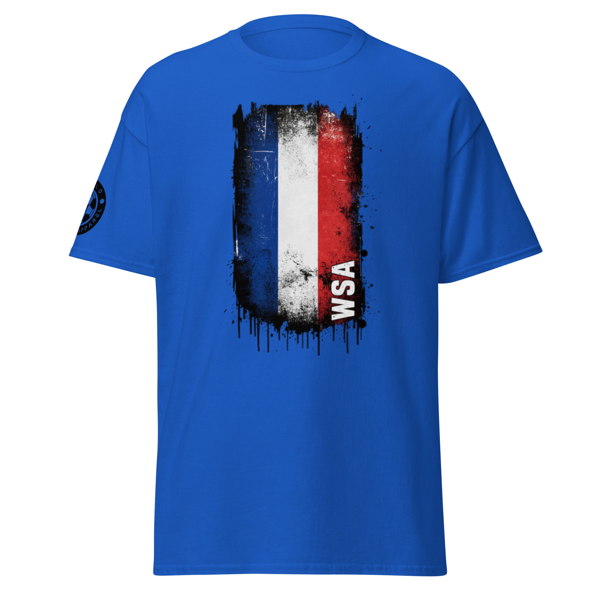 Blue t-shirt with a flag design and 'WSA' text on a white background