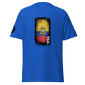 Blue t-shirt with a colorful graphic design on a white background