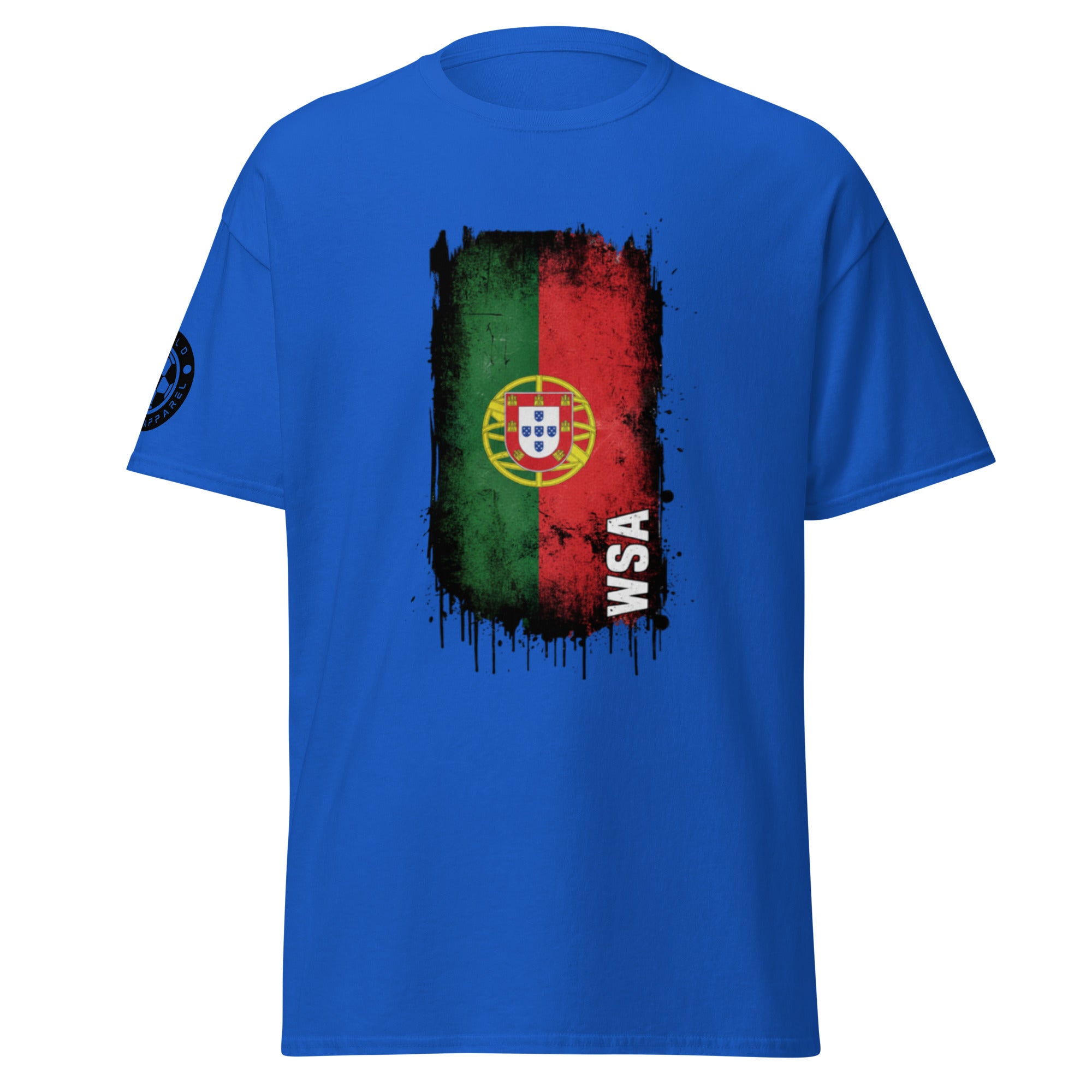 Blue t-shirt with a colorful graphic design on a white background