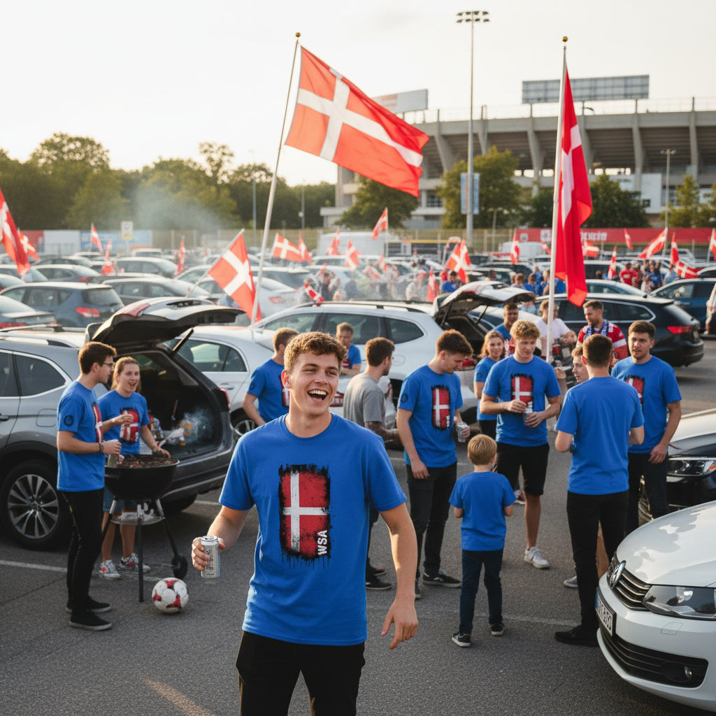 Blue t-shirt with a Danish flag design and 'WSA' text on a white background