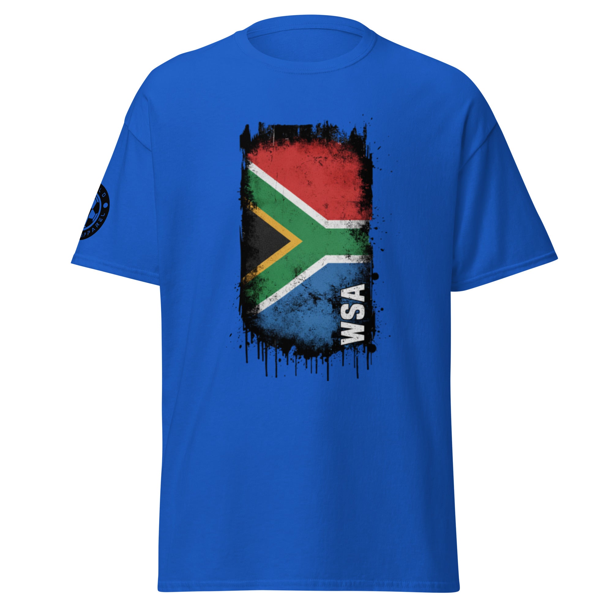 Blue t-shirt with South African flag design and 'WSA' text on a white background