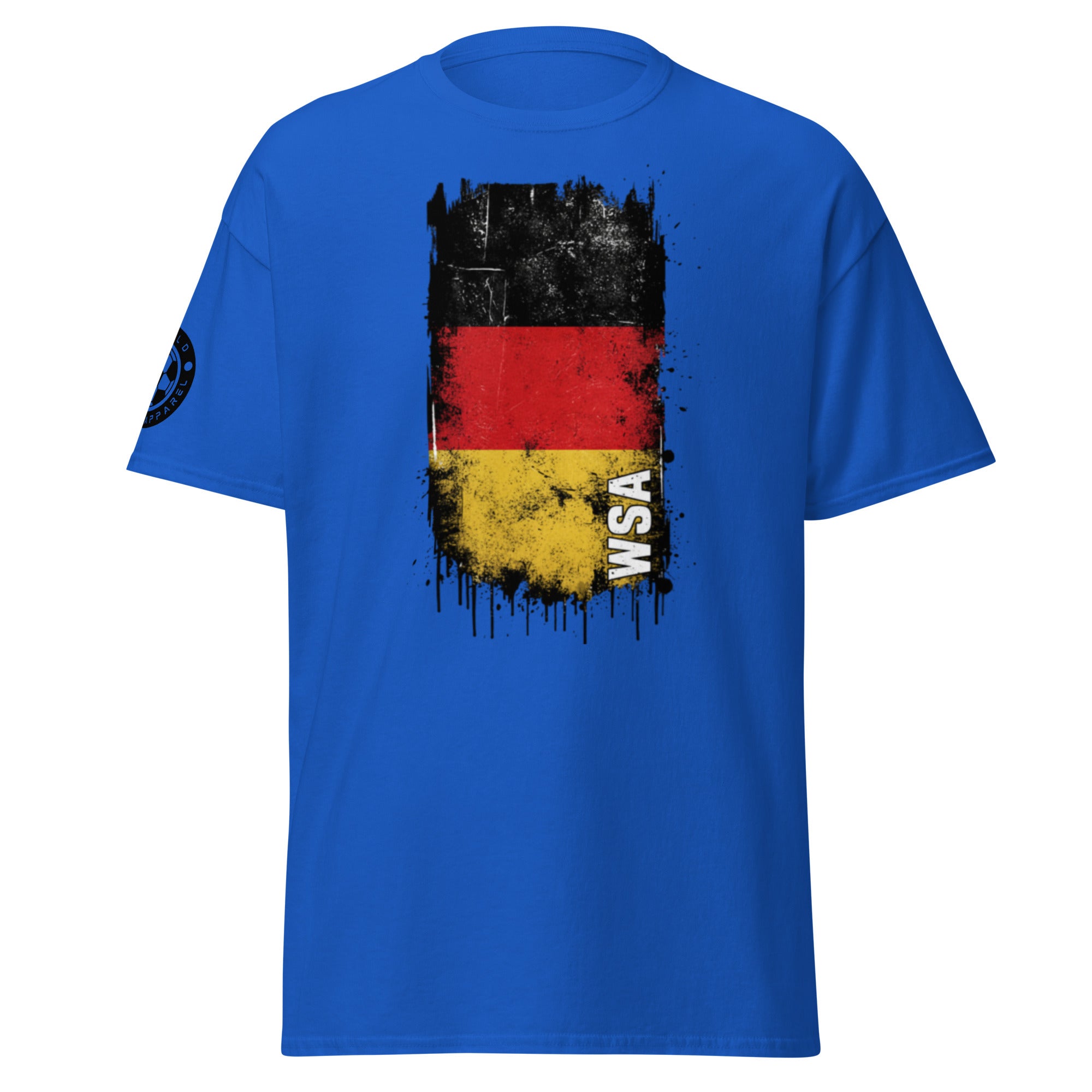 Blue t-shirt with a graphic design featuring black, red, and yellow colors on a white background