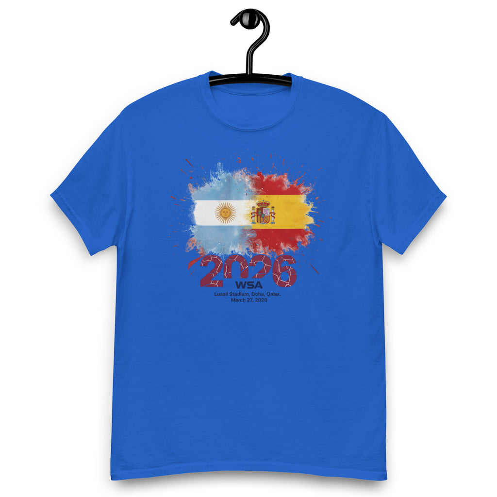 Blue t-shirt with colorful design and text on a white background