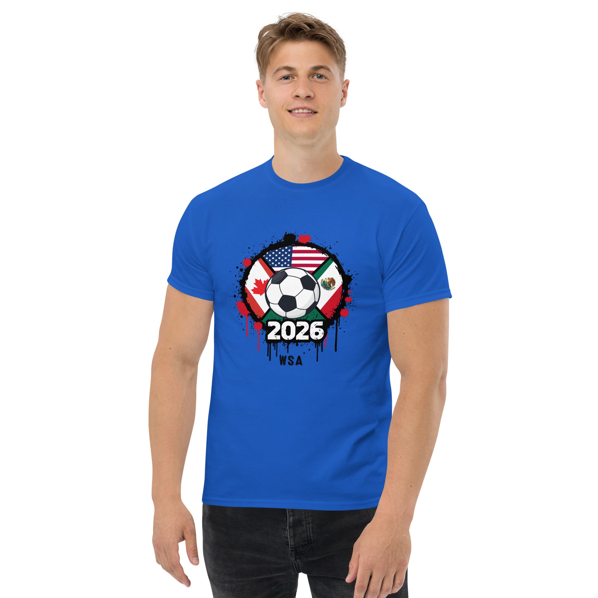 Person wearing a blue t-shirt with a soccer ball design featuring multiple flags and '2026 WSA' text on a white background.