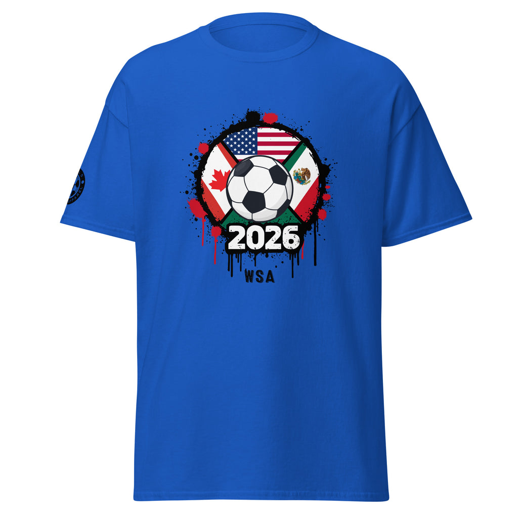 Blue t-shirt with soccer ball and flags design on a white background