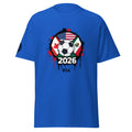 Blue t-shirt with soccer ball and flags design on a white background