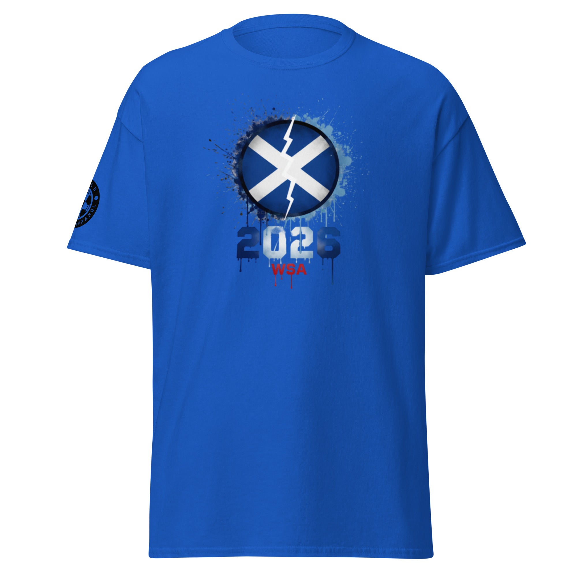 Blue t-shirt with a graphic design on a white background