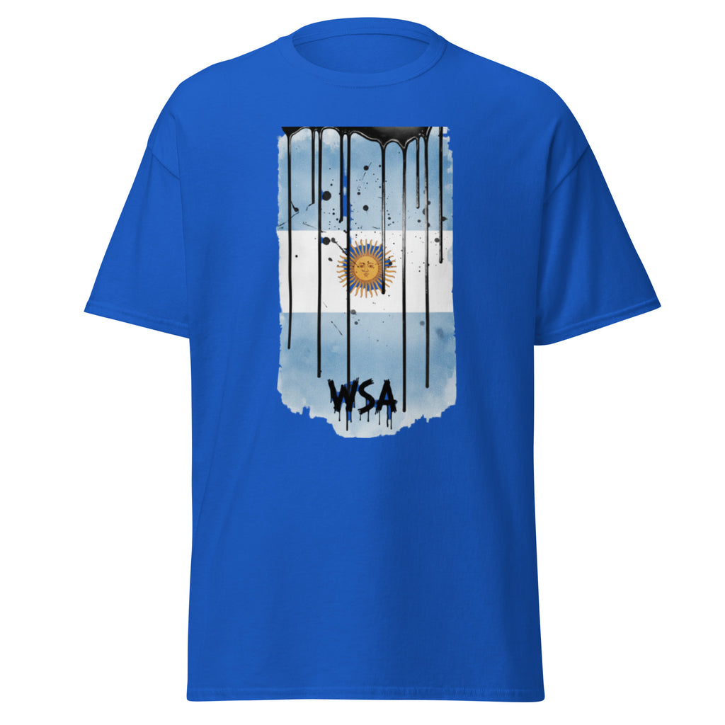 Blue t-shirt with a graphic design of an argentine flag and 'WSA' text on a white background