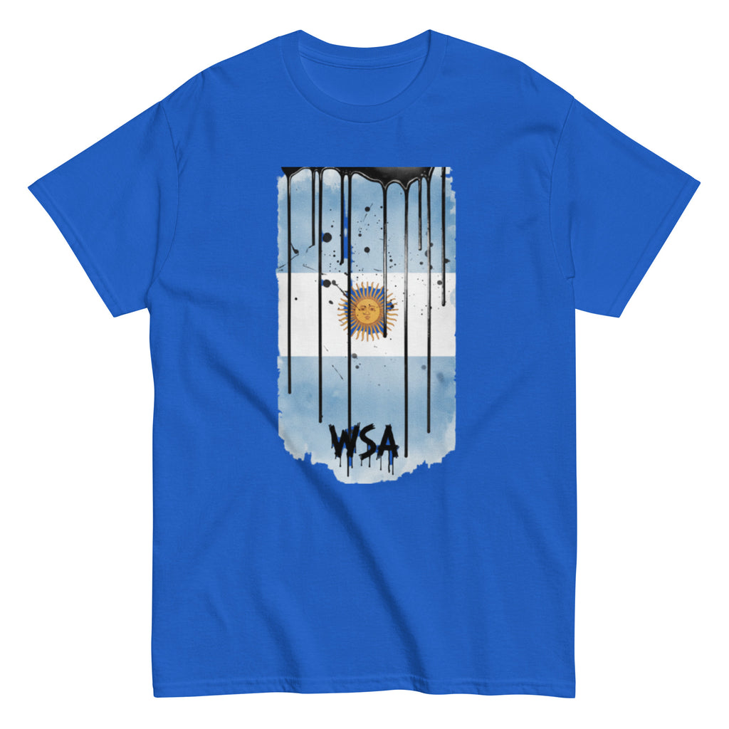 Blue t-shirt with a graphic design of an argentine flag and 'WSA' text on a white background