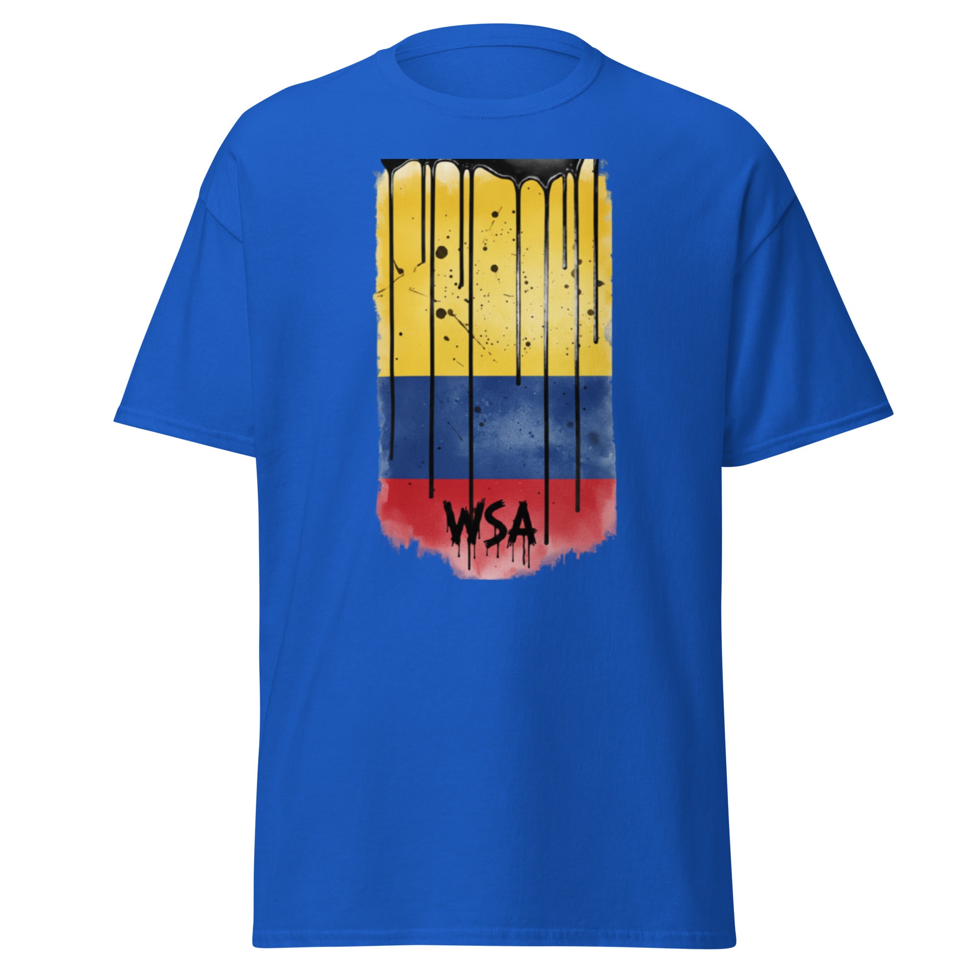 Blue t-shirt with a colorful graphic design and 'WSA' text on a white background