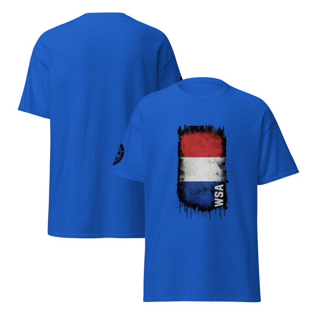 Blue t-shirt with a graphic design on the front, shown from both front and back views.