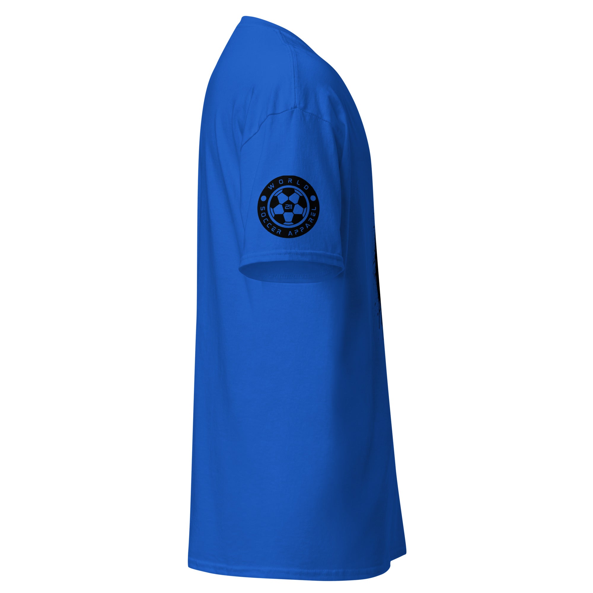 Blue shirt with a black logo on a white background