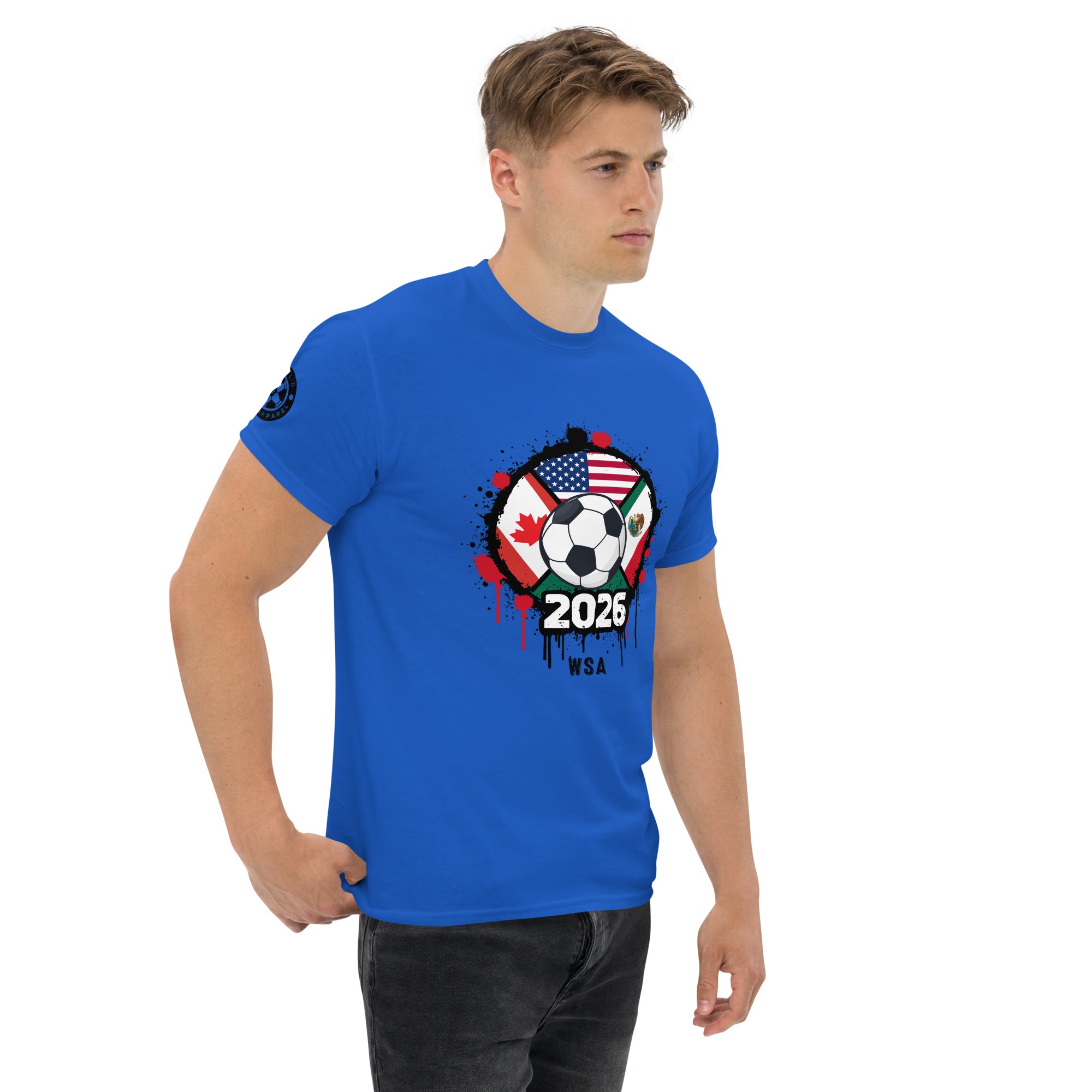 Man wearing a blue t-shirt with a soccer ball design and '2026 USA' text on a white background