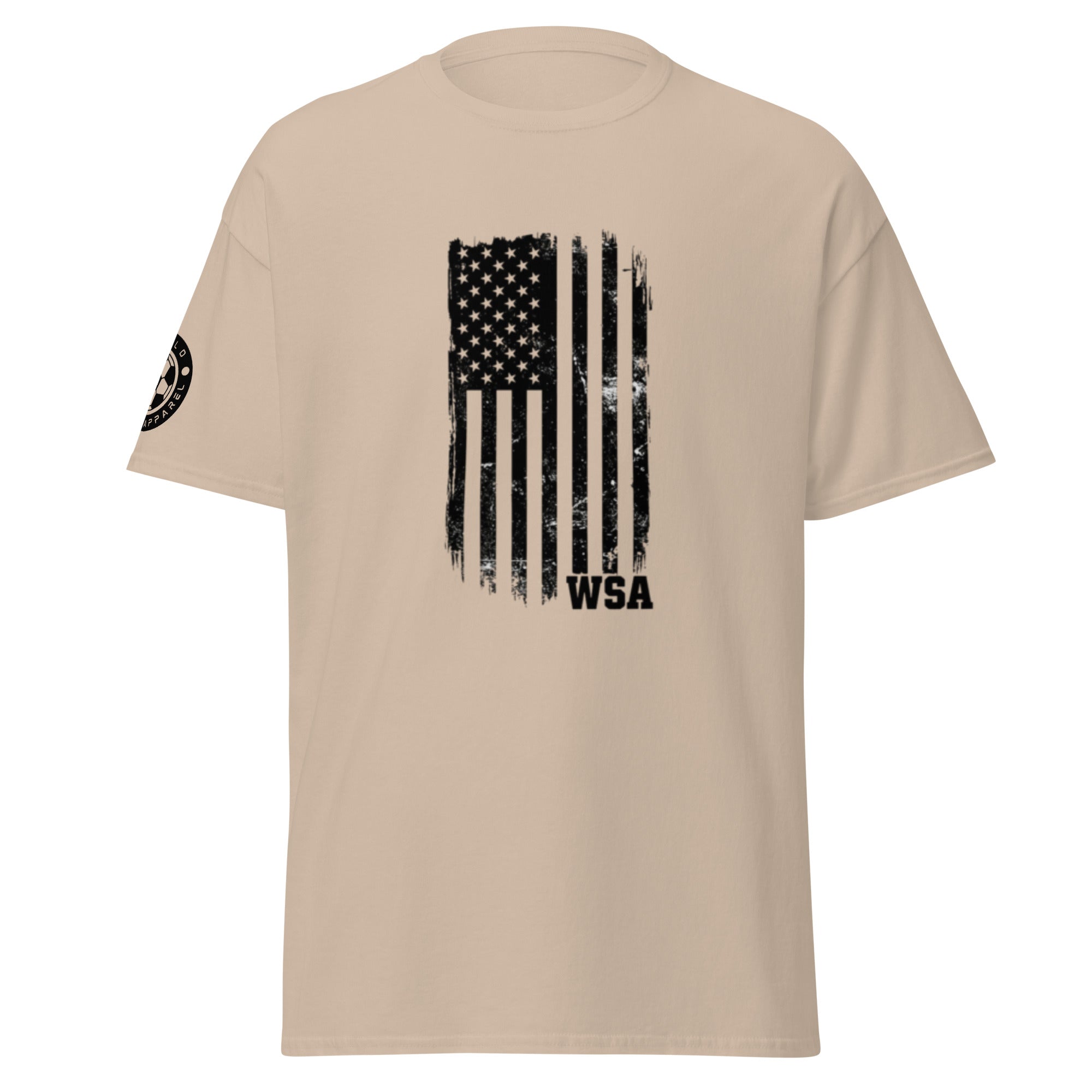 Beige t-shirt with American flag graphic and 'WSA' text on a white background