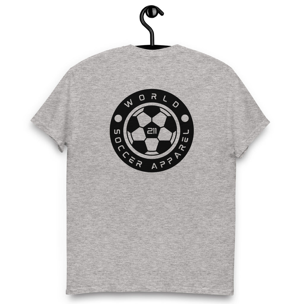 Gray t-shirt with World Soccer Apparel logo on a hanger