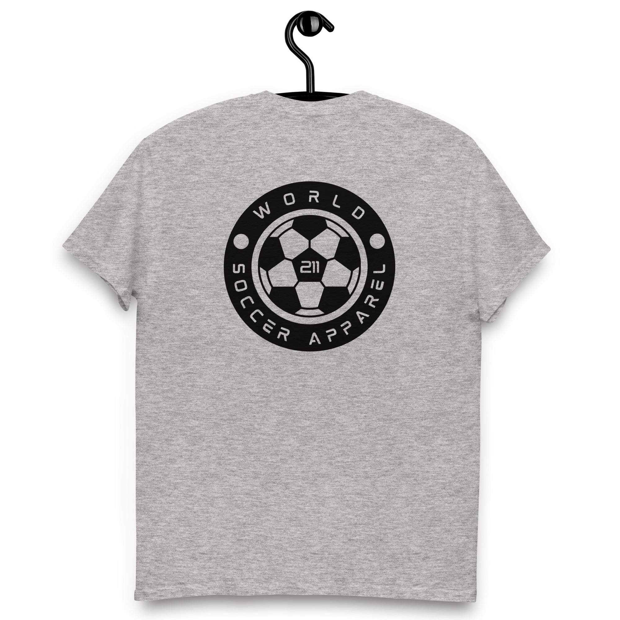 Gray t-shirt with World Soccer Apparel logo on a hanger