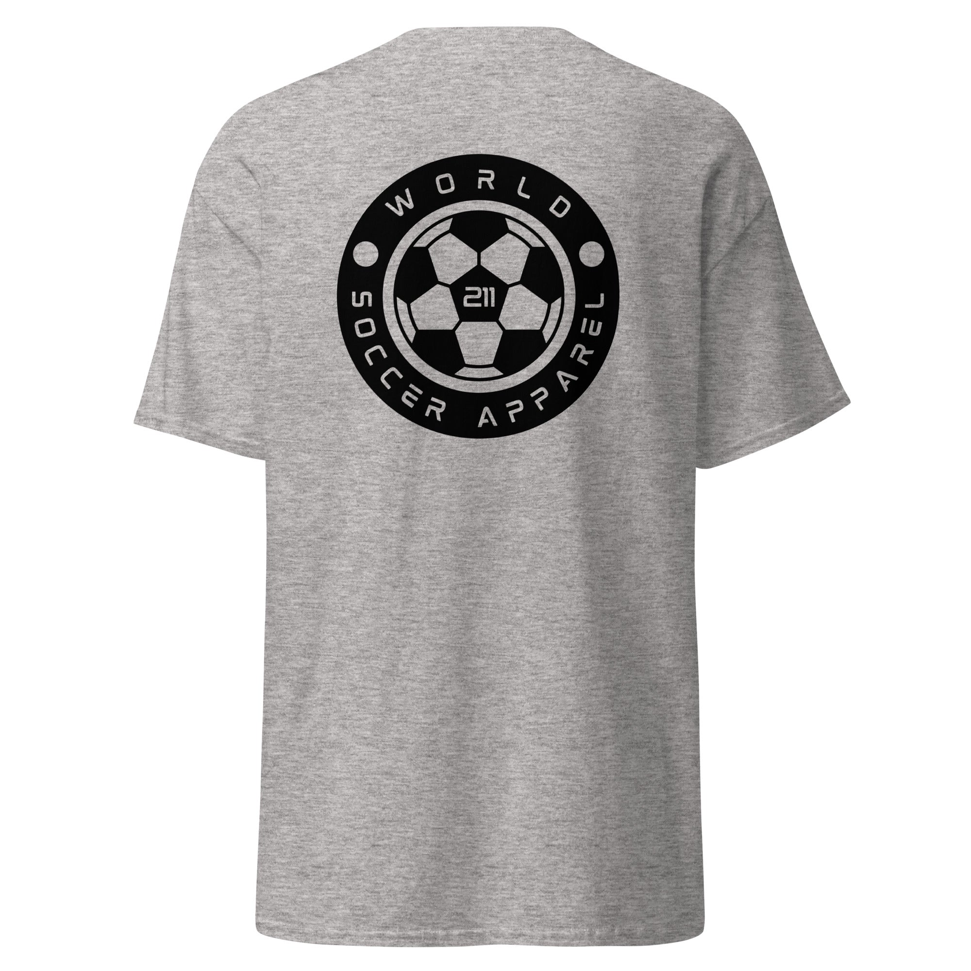 Gray t-shirt with World Soccer Apparel logo on the back against a white background