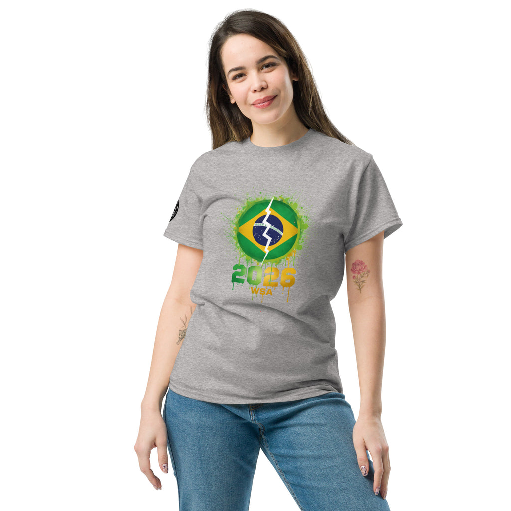 Woman wearing a gray t-shirt with a Brazilian flag design and '2026' text on a white background