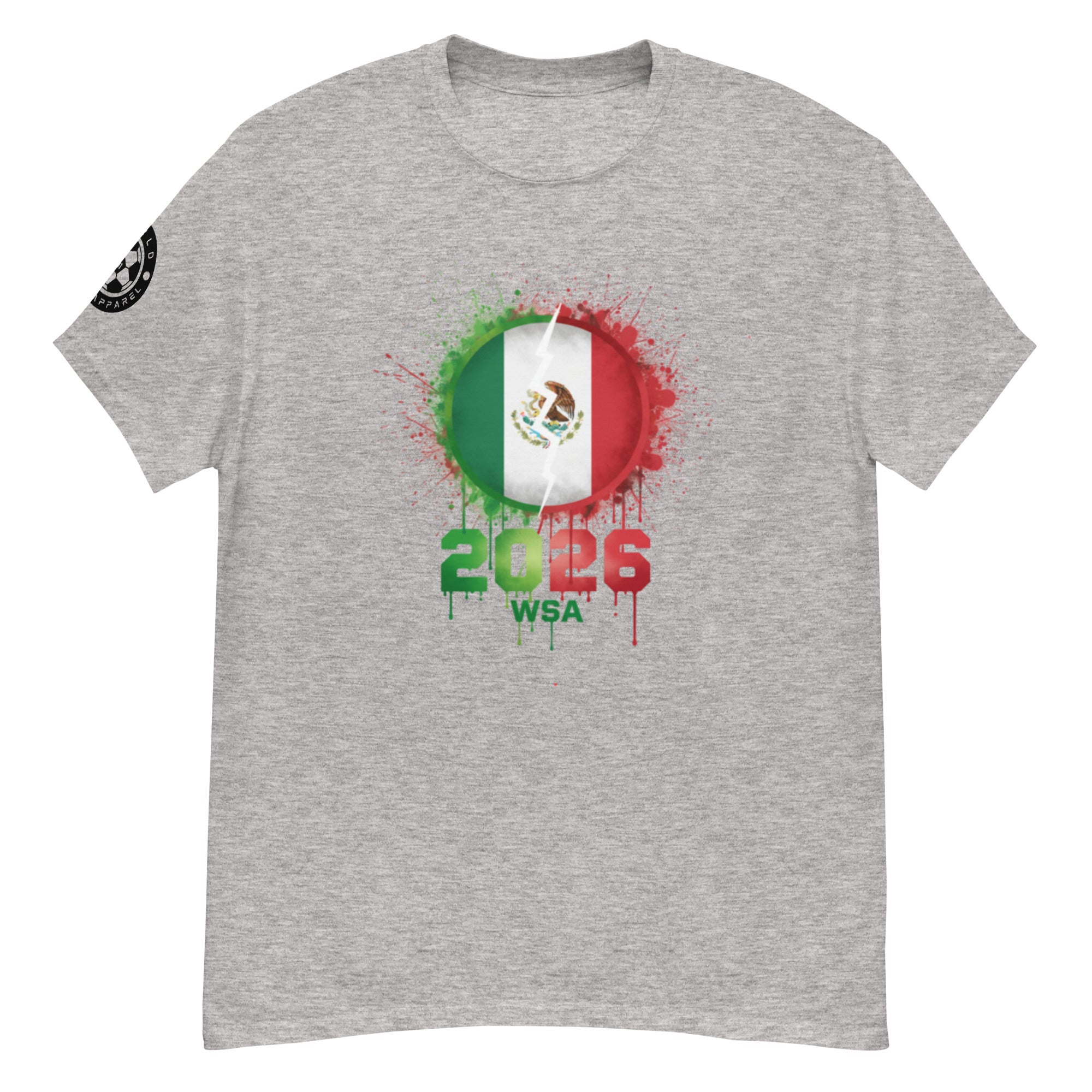 Gray t-shirt with Mexican flag design and '2026 WSA' text on a white background