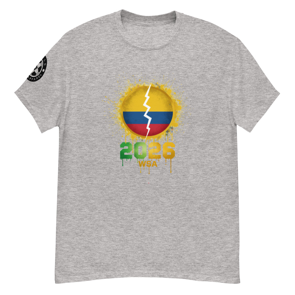 Gray t-shirt with a colorful design featuring the number 2026 and text on a white background