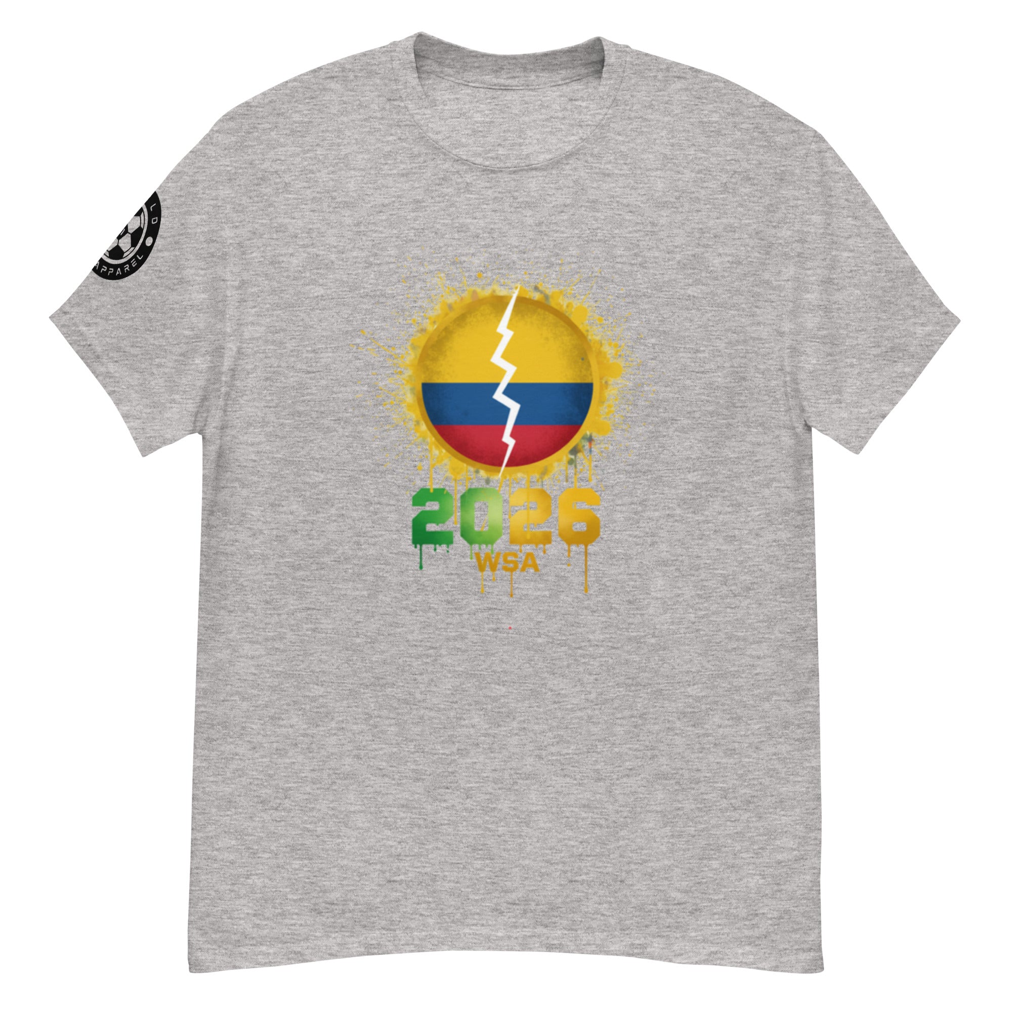 Gray t-shirt with a colorful design featuring the number 2026 and text on a white background
