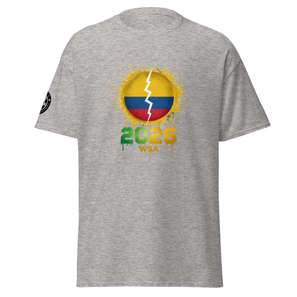 Gray t-shirt with a colorful graphic design on a white background