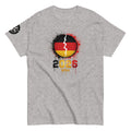 Gray t-shirt with a graphic design featuring a broken circle with colors and text on a white background