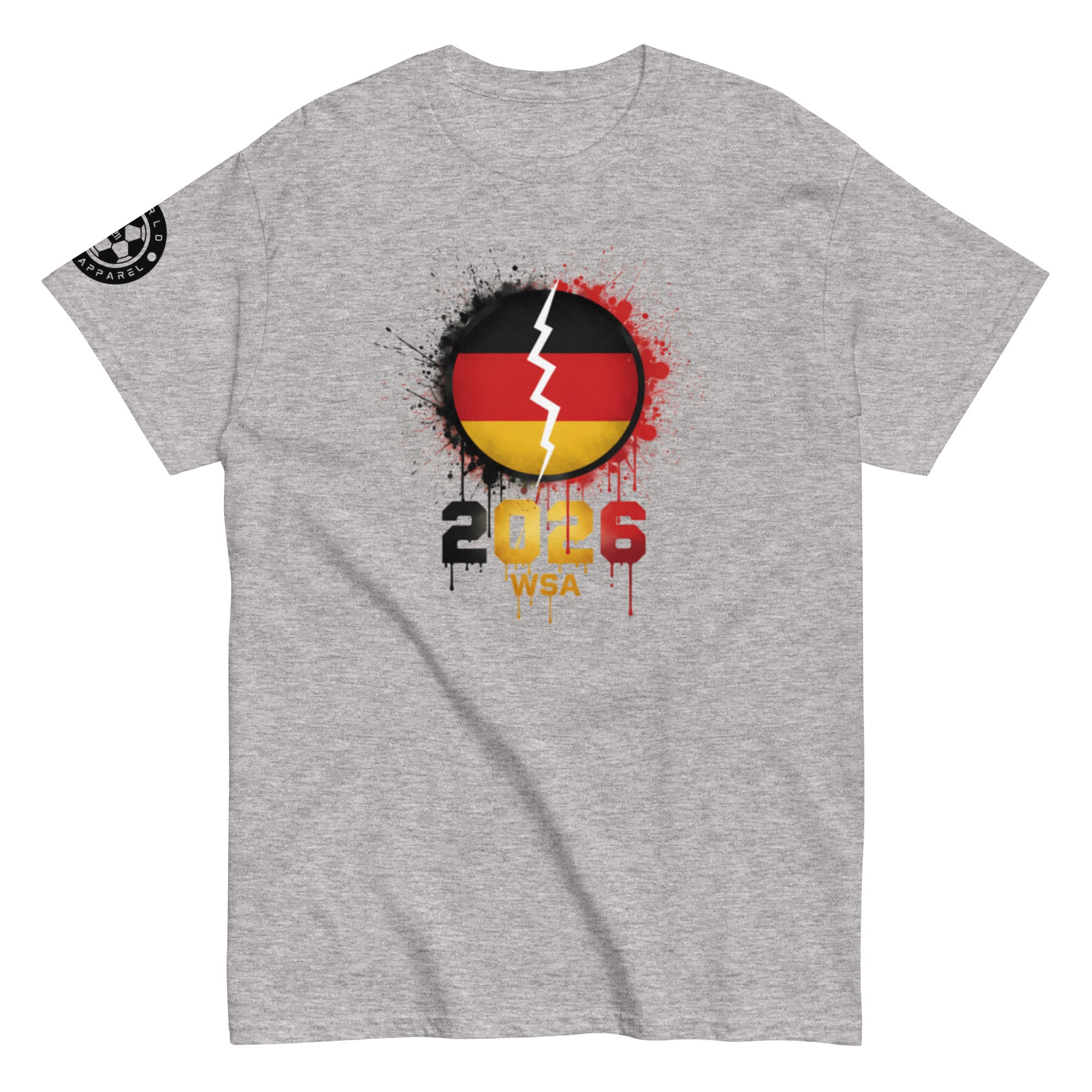 Gray t-shirt with a graphic design featuring a broken circle with colors and text on a white background