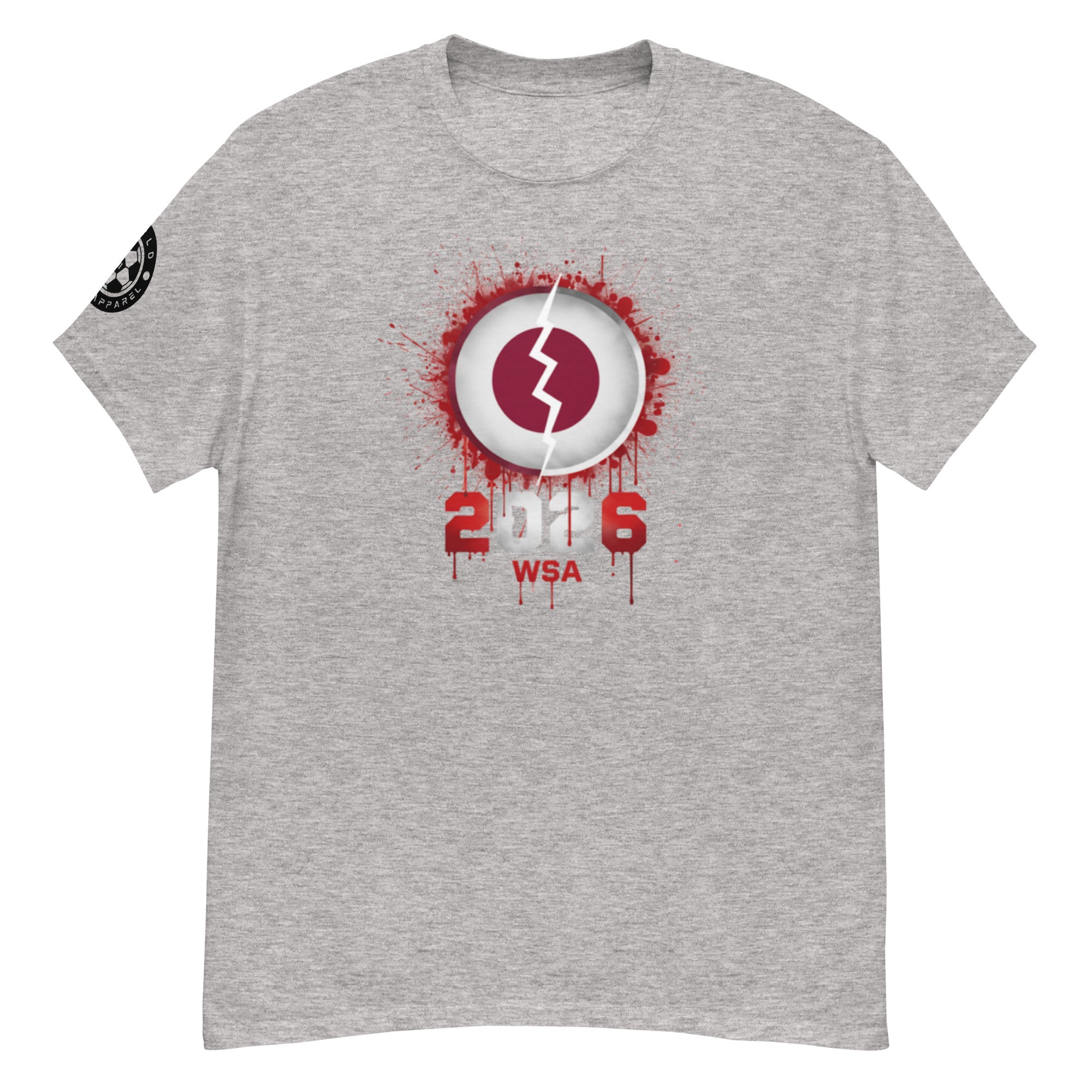 Gray t-shirt with a red and white graphic design on a white background