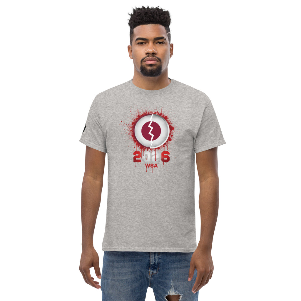Man wearing a gray t-shirt with a red and white graphic design on a white background