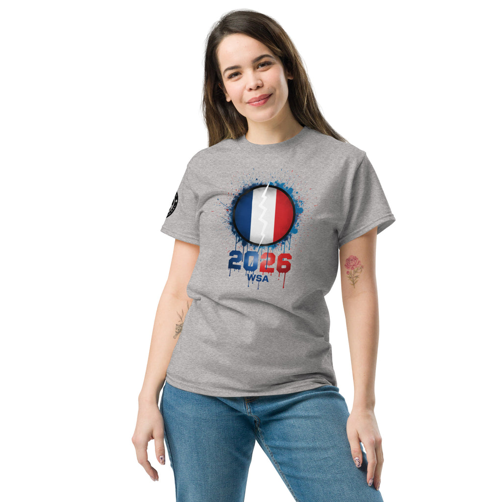 Woman wearing a gray t-shirt with a design featuring France's flag and '2026 WSA' text on a white background