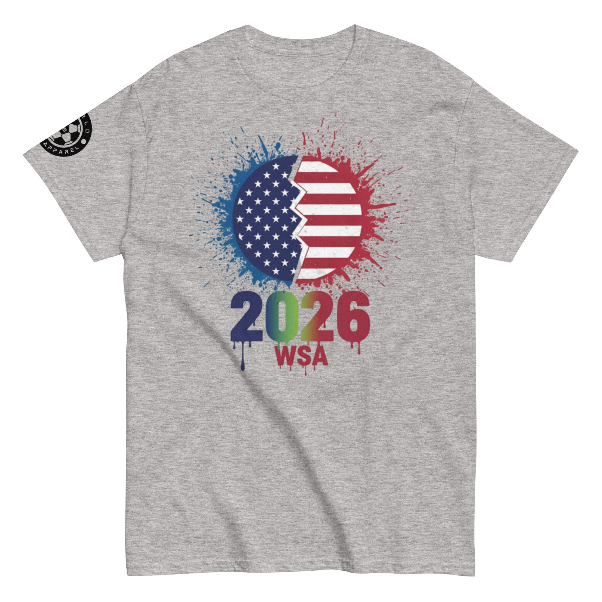 Gray t-shirt with American flag design and '2026 WSA' text on a white background