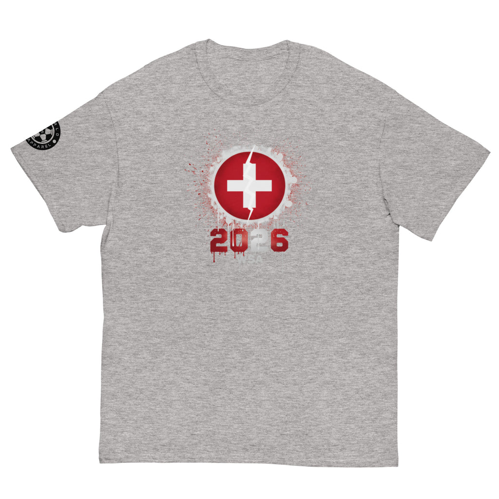 Gray t-shirt with red and white graphic design on a white background