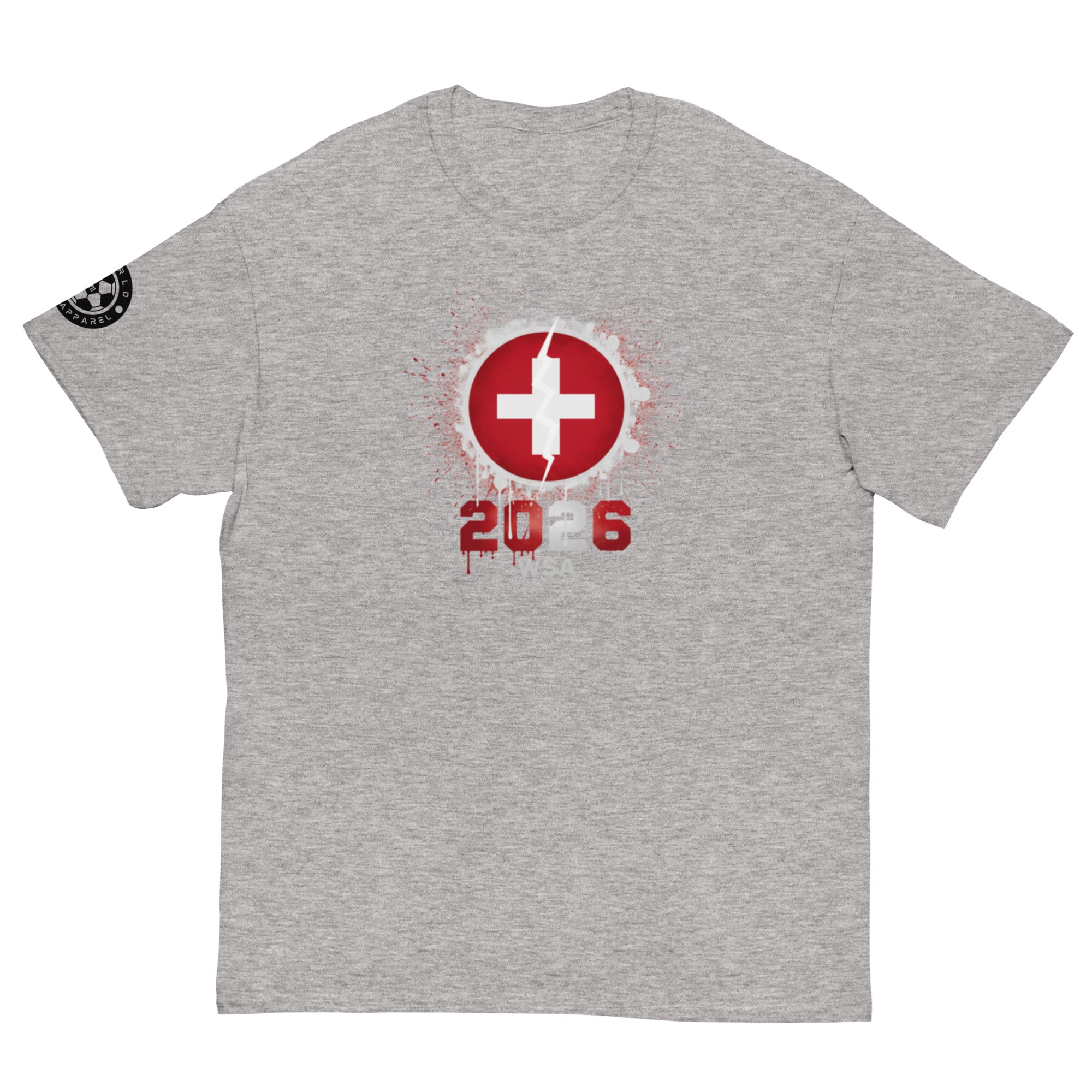 Gray t-shirt with red and white graphic design on a white background