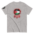 Gray t-shirt with a graphic design featuring a flag and text on a white background