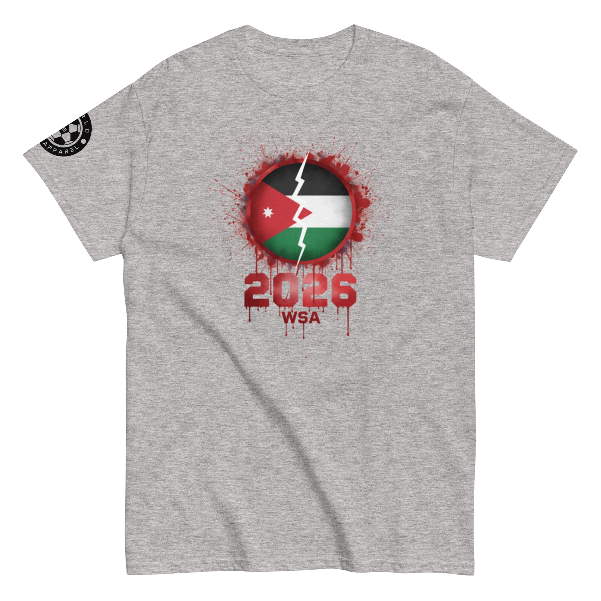 Gray t-shirt with a graphic design featuring a flag and text on a white background