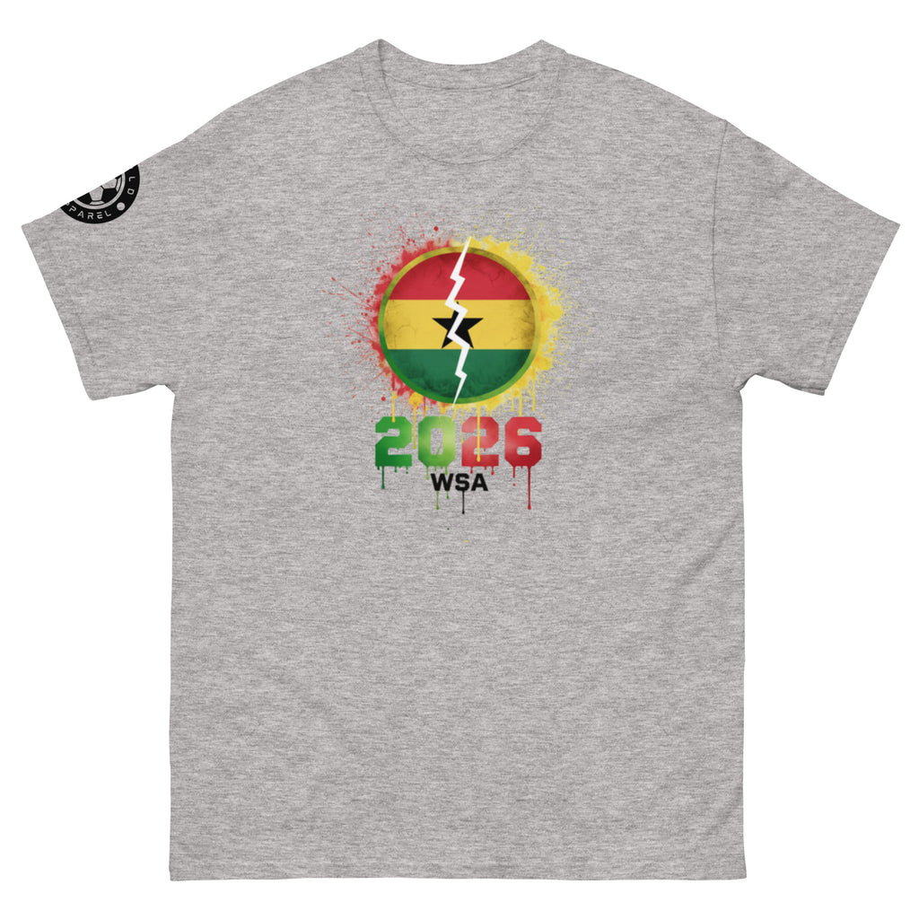 Gray t-shirt with a Ghana flag design and '2026 WSA' text on a white background