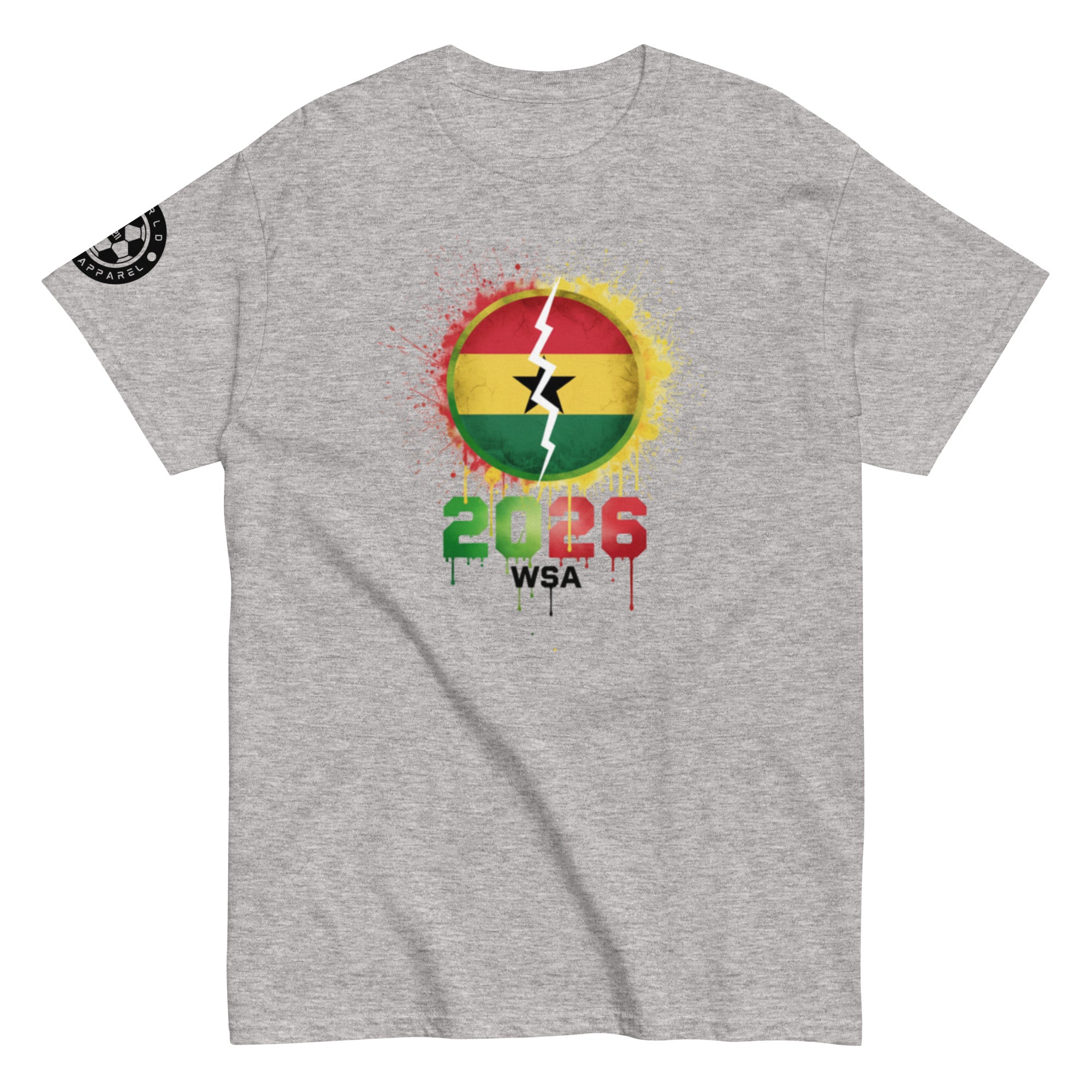 Gray t-shirt with a colorful graphic design featuring a flag and text on a white background