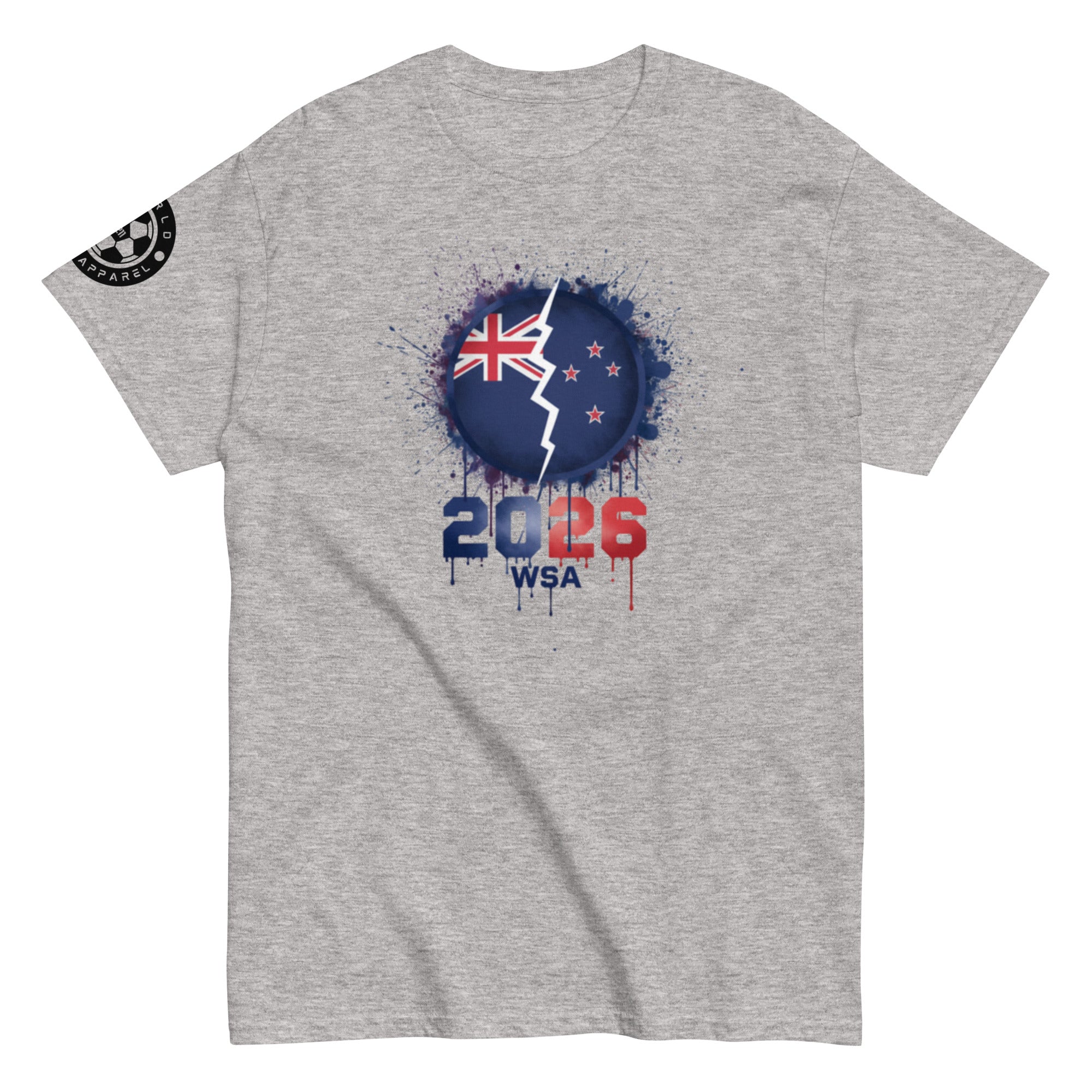 Gray t-shirt with a design featuring a flag and '2026 WSA' text on a white background