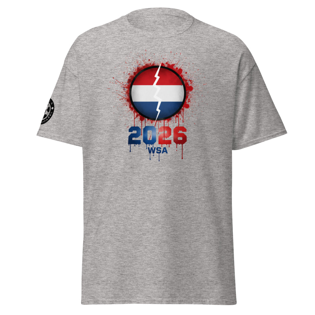 Gray t-shirt with a graphic design featuring a flag and '2026 WSA' text on a white background