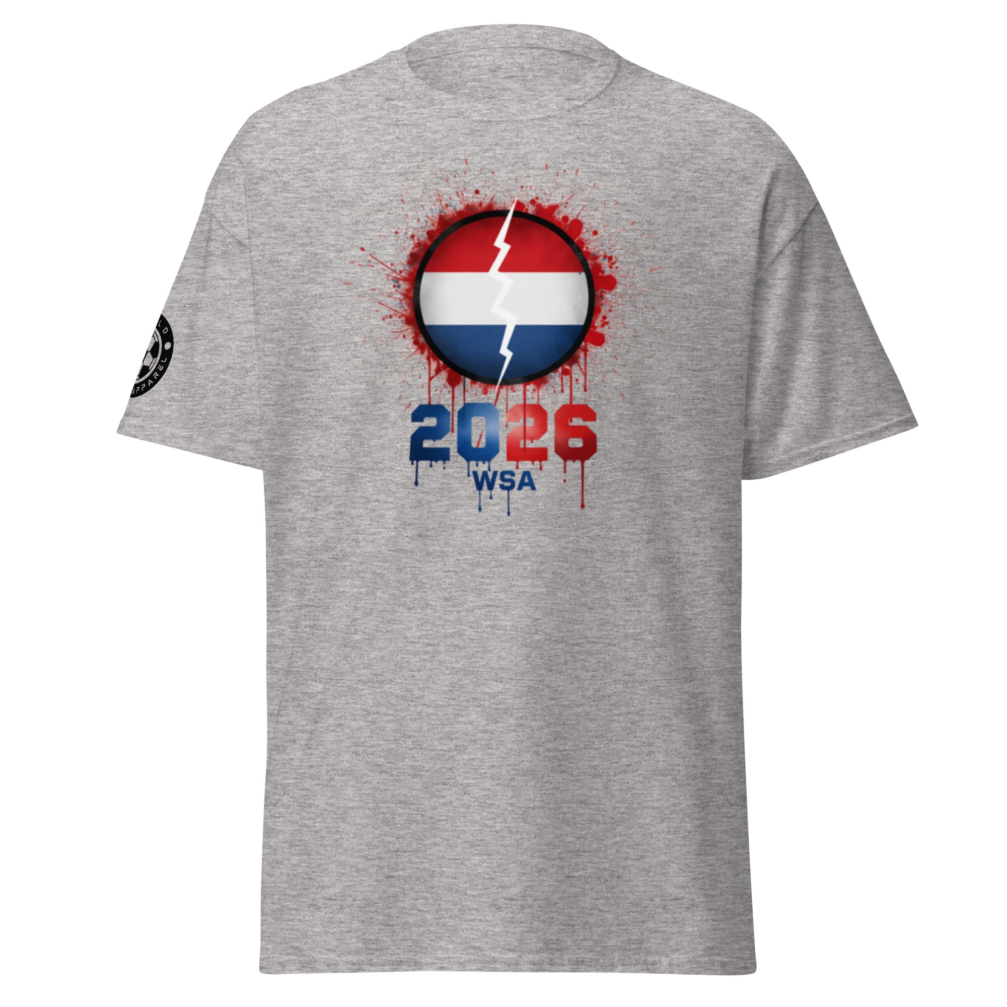 Gray t-shirt with a graphic design featuring a flag and '2026 WSA' text on a white background