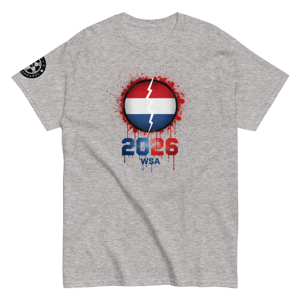 Gray t-shirt with a graphic design featuring a flag and '2026 WSA' text on a white background