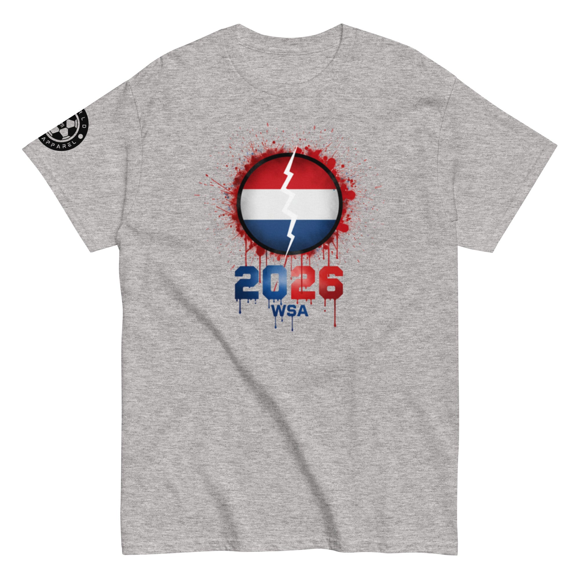 Gray t-shirt with a graphic design featuring a flag and '2026 WSA' text on a white background