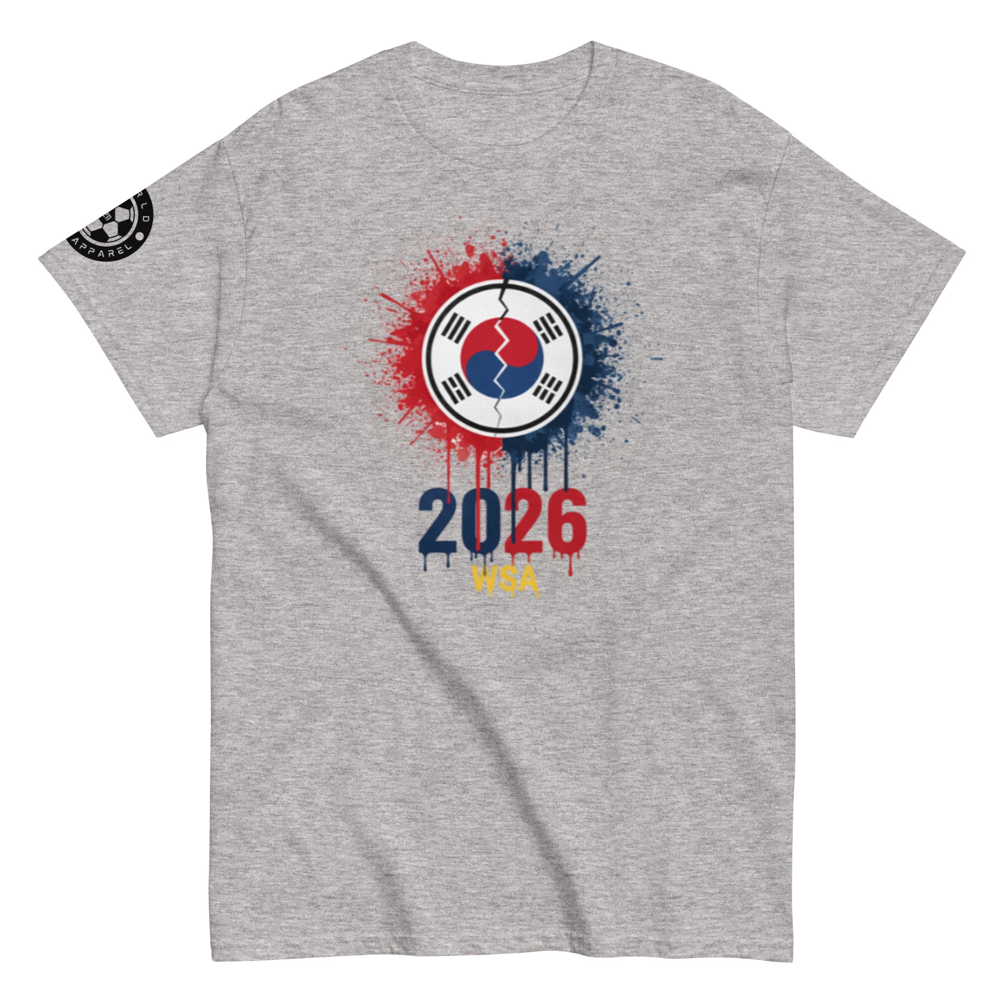 Gray t-shirt with a colorful design featuring a logo and '2026' text on a white background