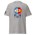 Gray t-shirt with a colorful graphic design featuring flags and text on a white background