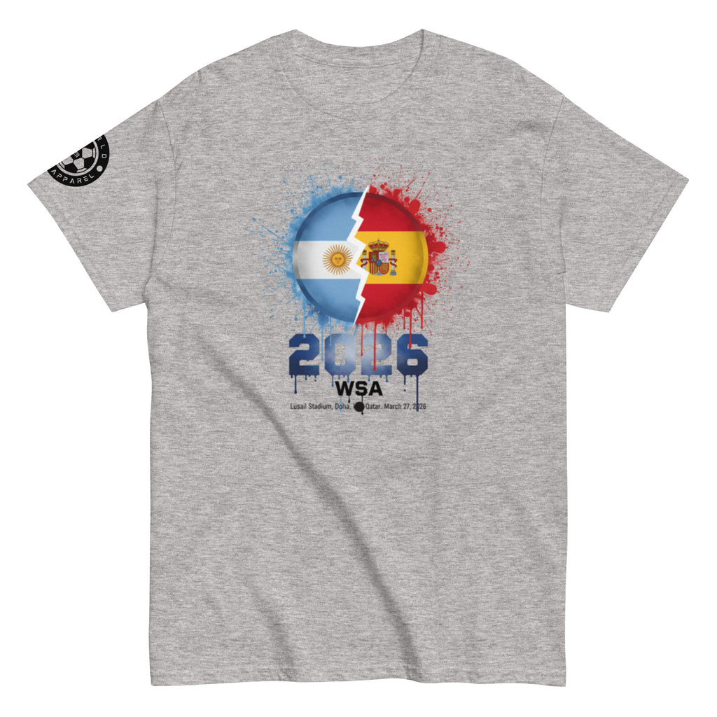 Gray t-shirt with a colorful graphic design featuring two flags and '2026 WSA' text on a white background.